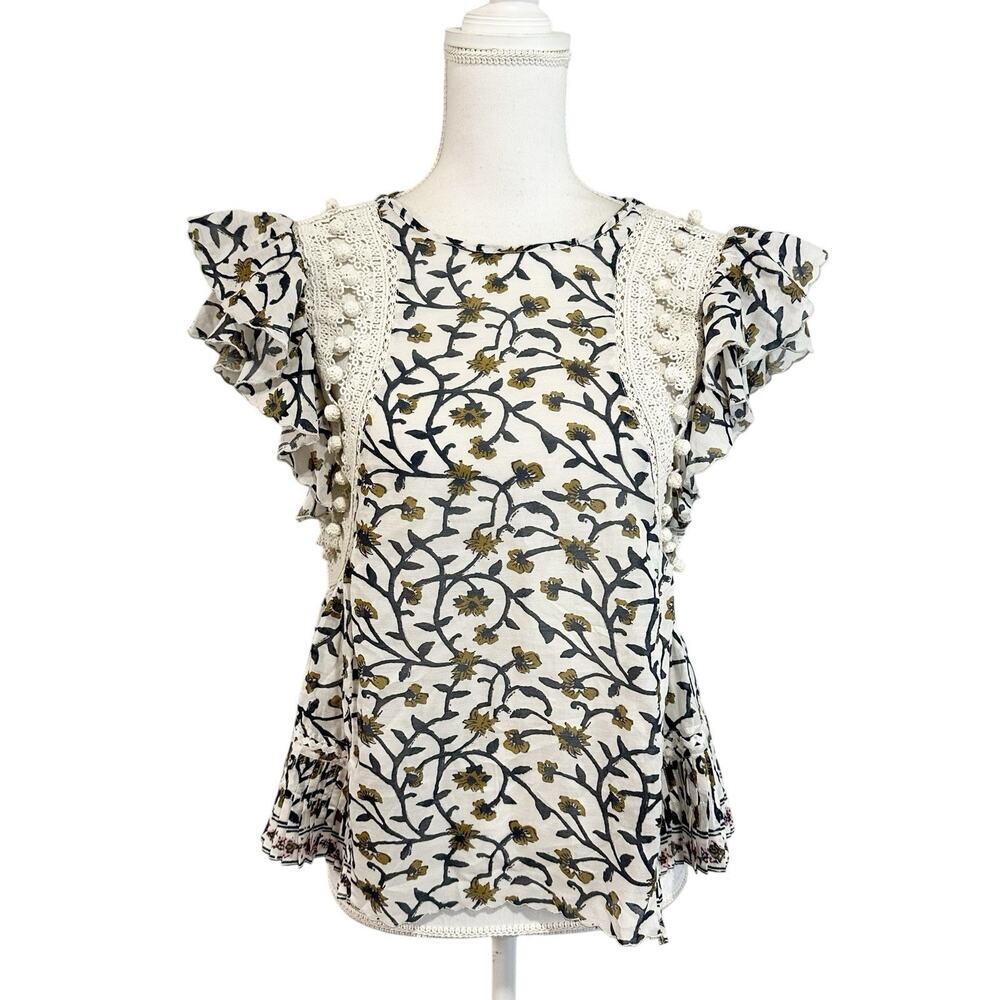 NEW SEA New York Womens Khloe Print Crochet Top Size 0 Swing Pleat Hem Boho